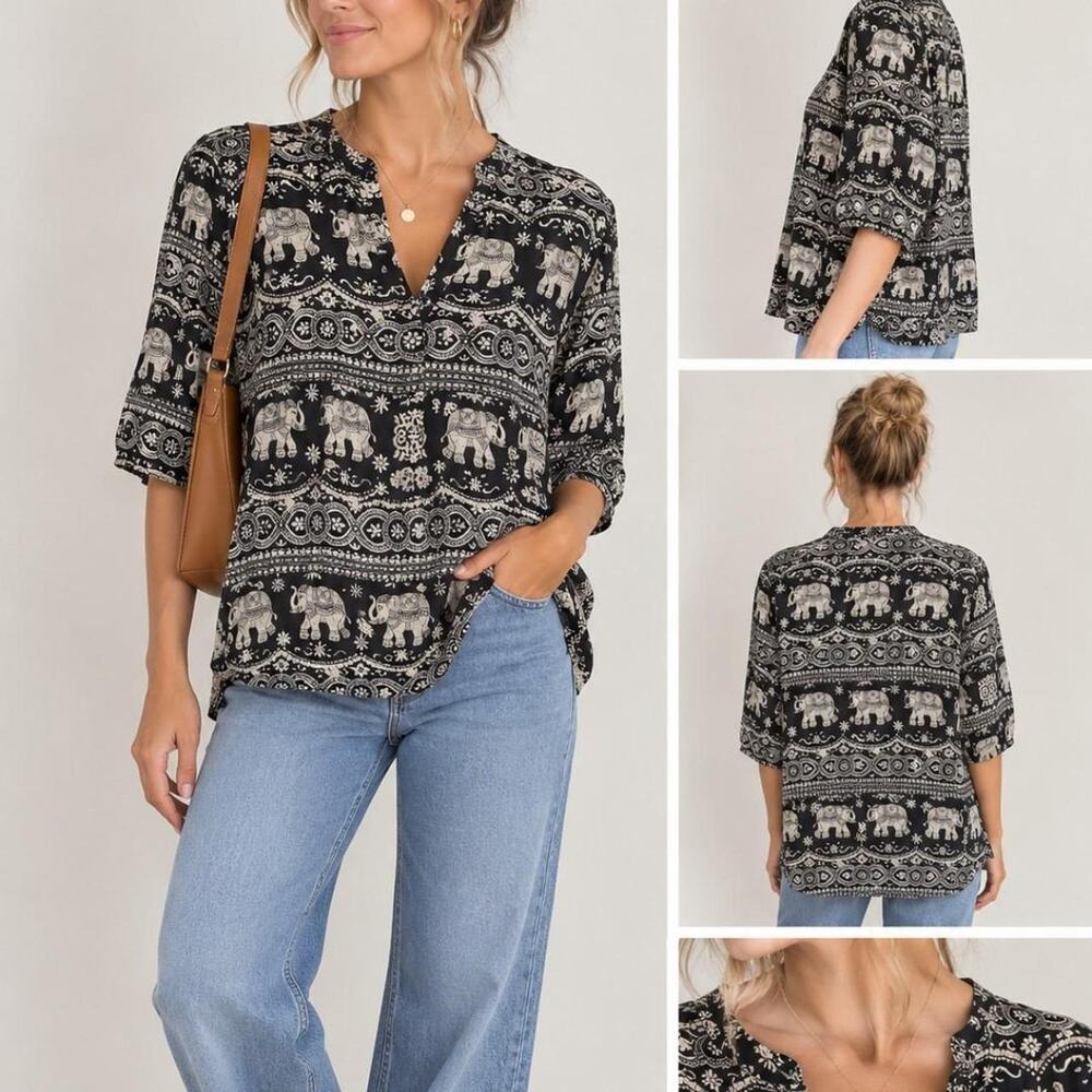 Earthbound Trading Co. Elephant Print Blouse 🐘🖤